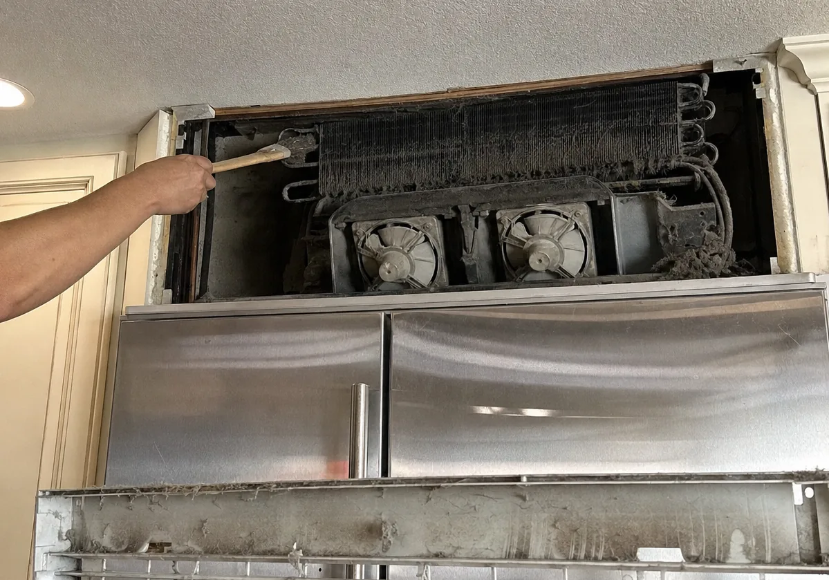 Centre crop of a dusty condenser coil and two fans above the stainless doors of a built-in unit