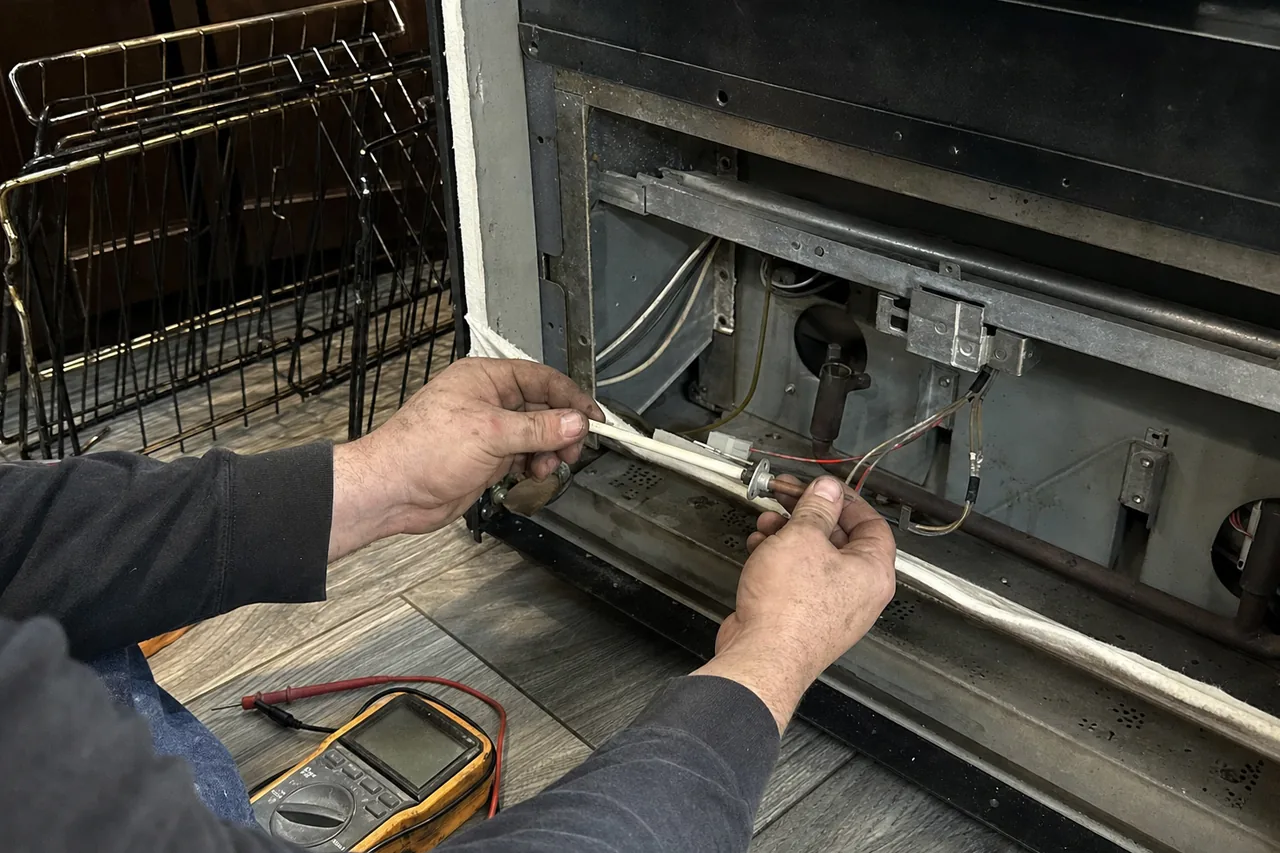 Hands steadying a bake element assembly at the open bottom of a range with a yellow multimeter on the floor