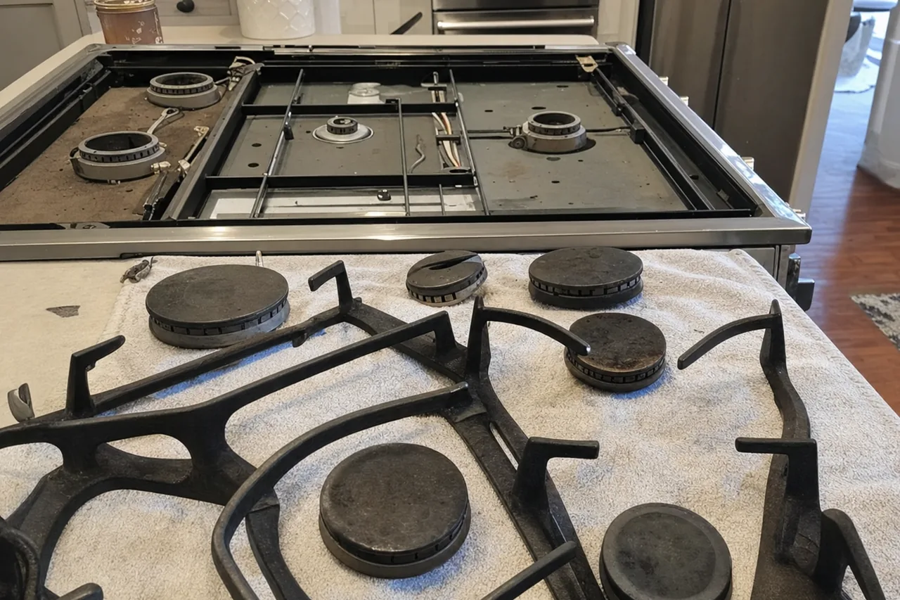 Burner caps and heavy grates set out on a folded towel beside an opened rangetop in a bright kitchen