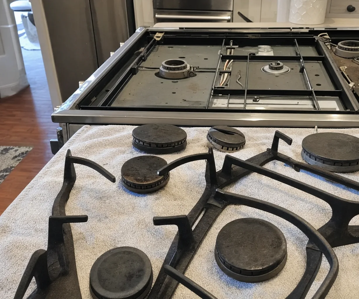 Cast-iron grates and round burner caps laid out on a folded towel in front of a gas range stripped down to its bare burner bases and spill tray