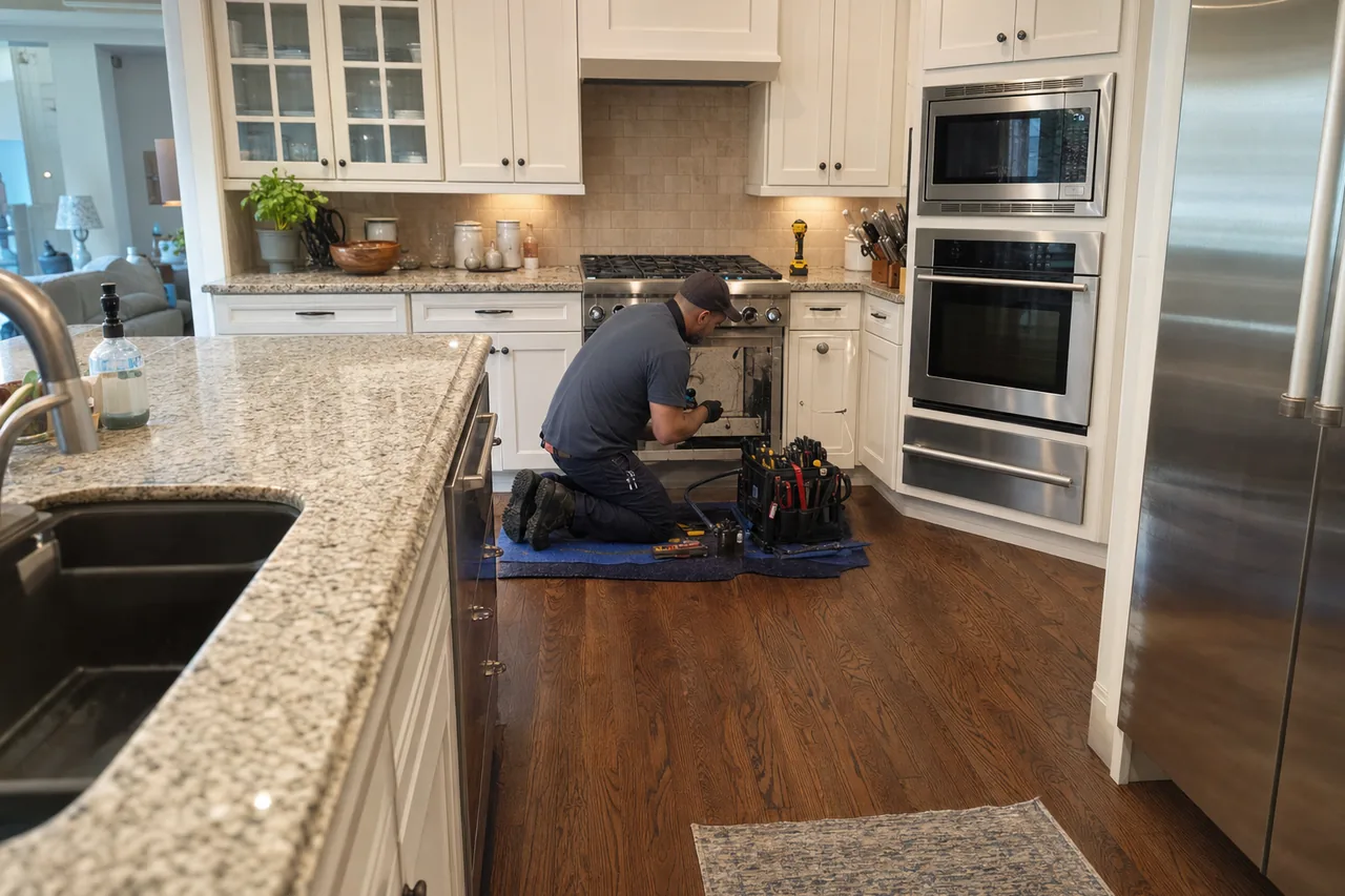 Wide kitchen interior with a technician working at a stainless range and a refrigerator at the end of the cabinet run