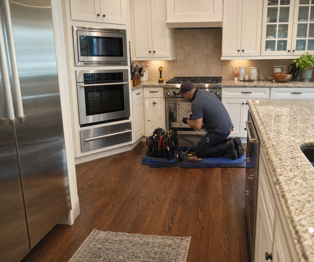 Mirrored wide shot of a beach-house kitchen mid-service, tools spread on a mat beside a pro range